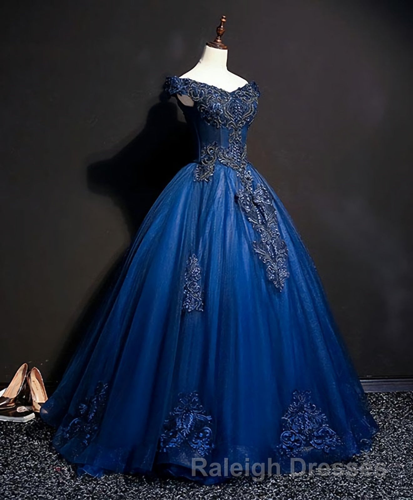 Blue Tulle Lace Off Shoulder Long Prom Dress, Blue Tulle Lace Evening Dress