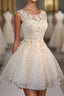 Champagne Lace Round Neck Short Prom Dresses Bridesmaid Dresses