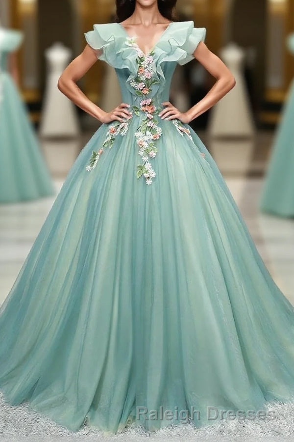 Green V Neck Tulle Long Prom Dress, Green Evening Dress Main image