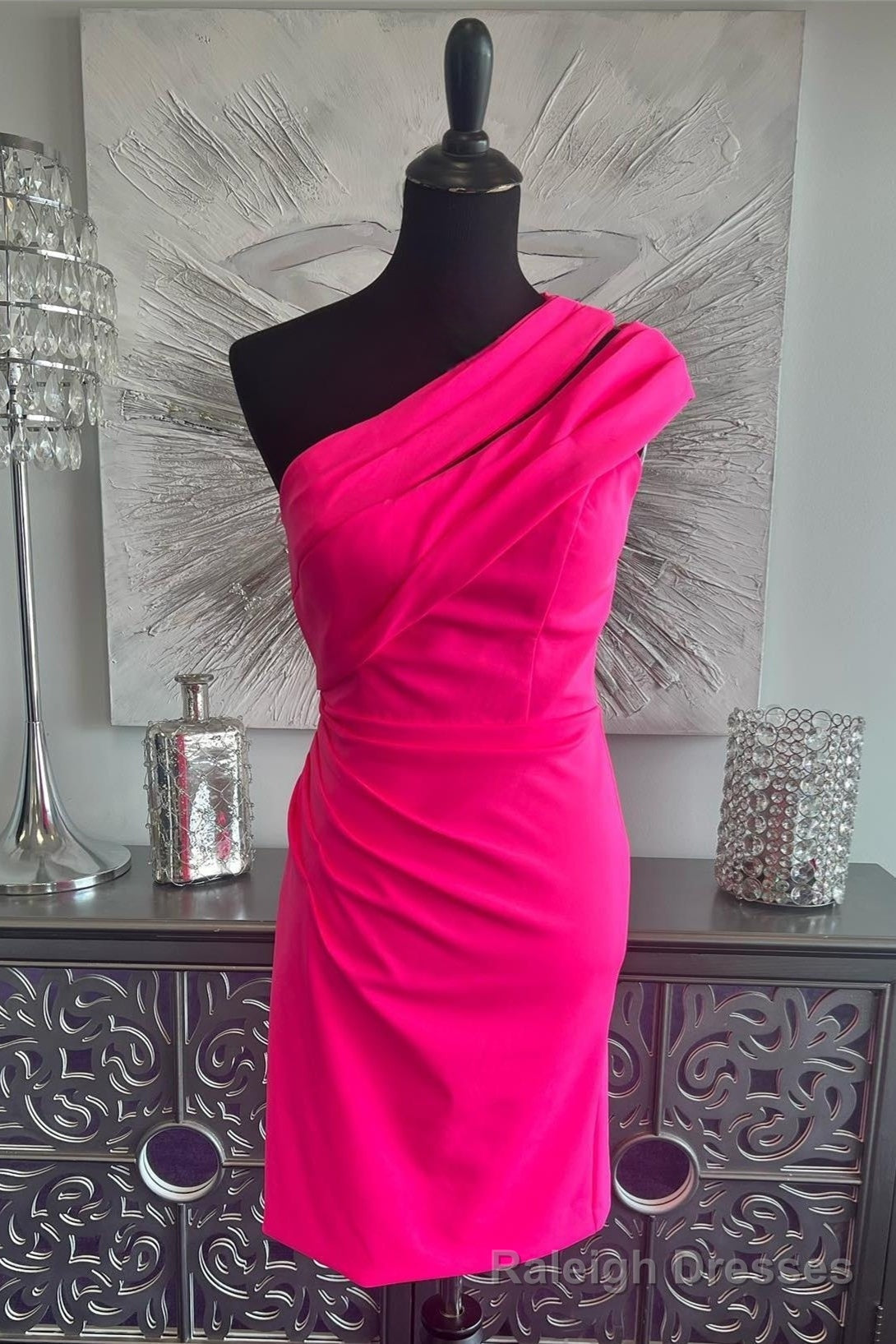 Fuchsia One Shoulder Sheath Satin Homecoming Dress Main image