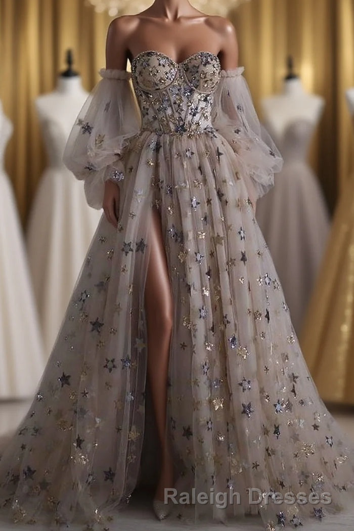 Chic Long Sweetheart Front Split Star Prom Dresses With Sleeves Main image