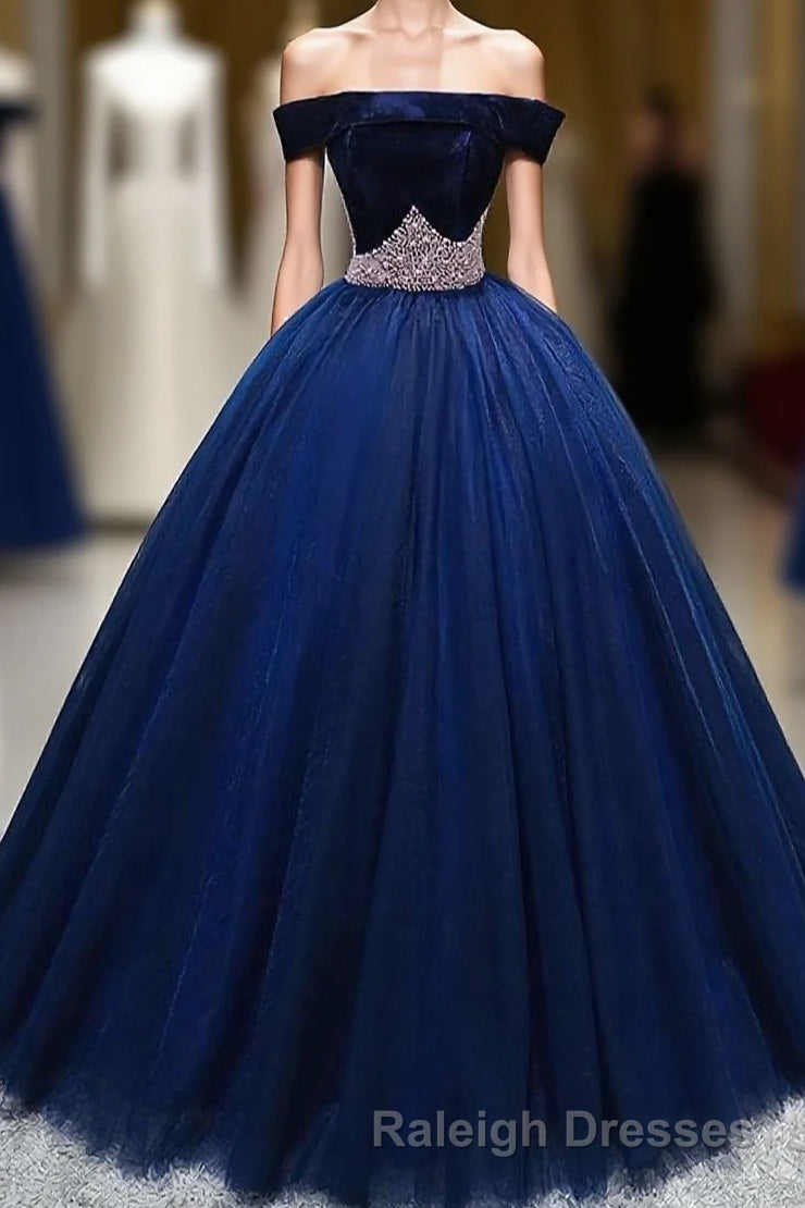 Dark Blue Tulle Off Shoulder Long Prom Dress, Blue Sweet 16 Dress
