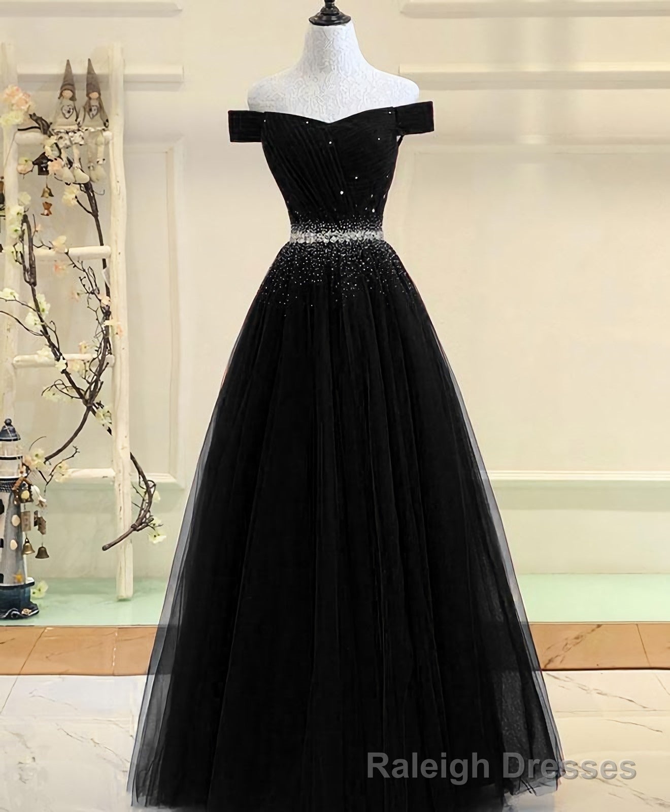 Black Tulle Sequin Long Prom Dress, Black Tulle Prom Dress Main image