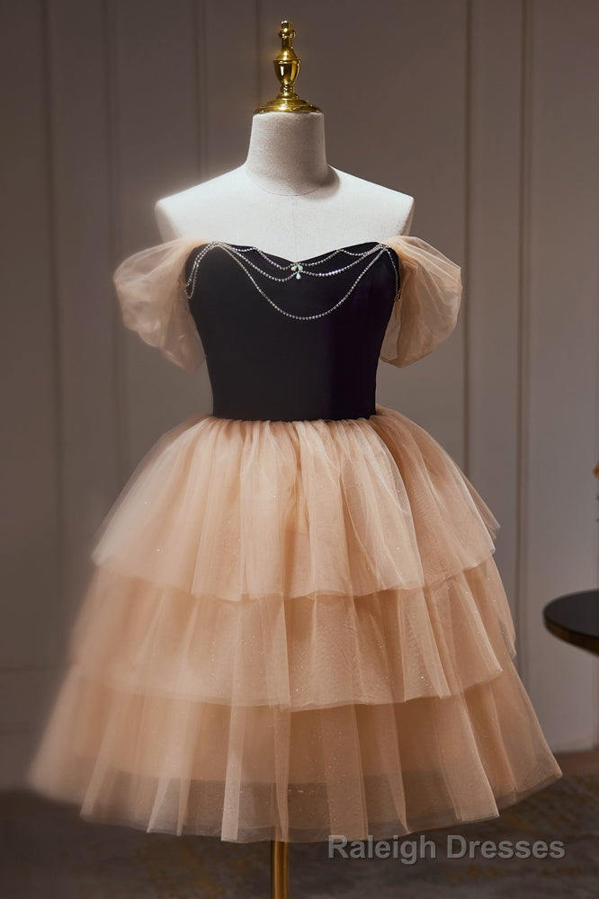 Chic Champagne Off The Shoulder Beading Tulle Short Homecoming Dresses Main image