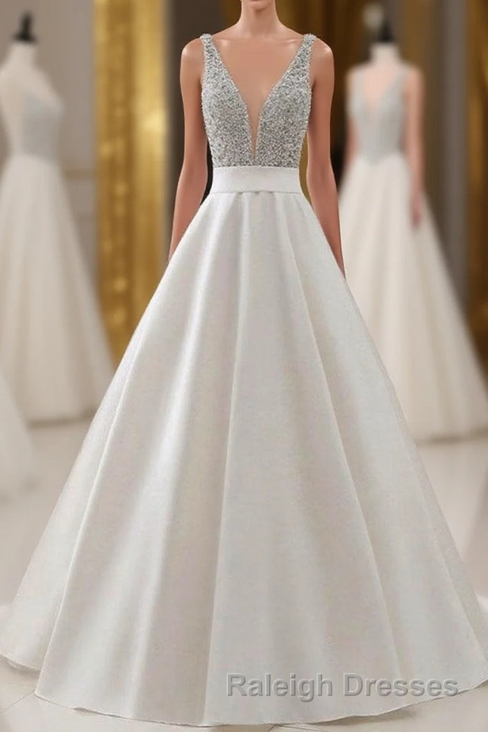 A Line Brush Train Deep V Neck Sleeveless Beading Prom Dresses Main image