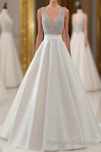 A Line Brush Train Deep V Neck Sleeveless Beading Prom Dresses