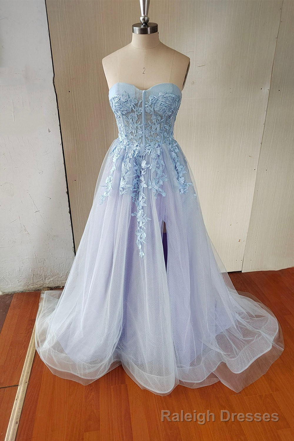 Blue Strapless Lace Long A Line Prom Dress, Blue Prom Prom Dress Secondary image