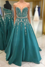 Green A Line Floor Length Sweetheart Sleeveless Beading Prom Dresses