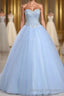 Light Blue Ball Gown Floor Length Sweetheart Strapless Sleevless Beading Prom Dresses
