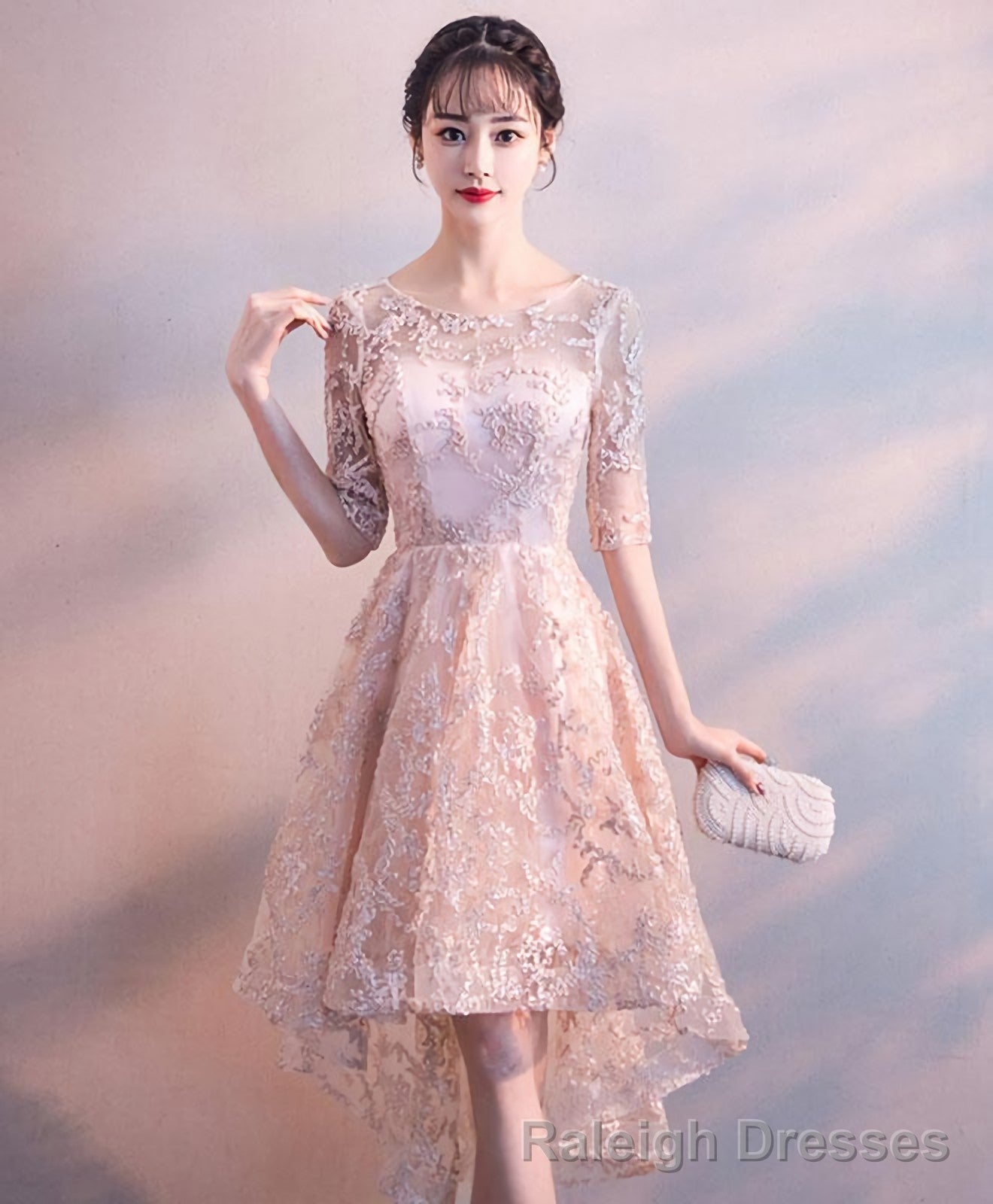Pink Round Neck Lace Short Prom Dress Pink Homecoming Dress 1 Secondary image