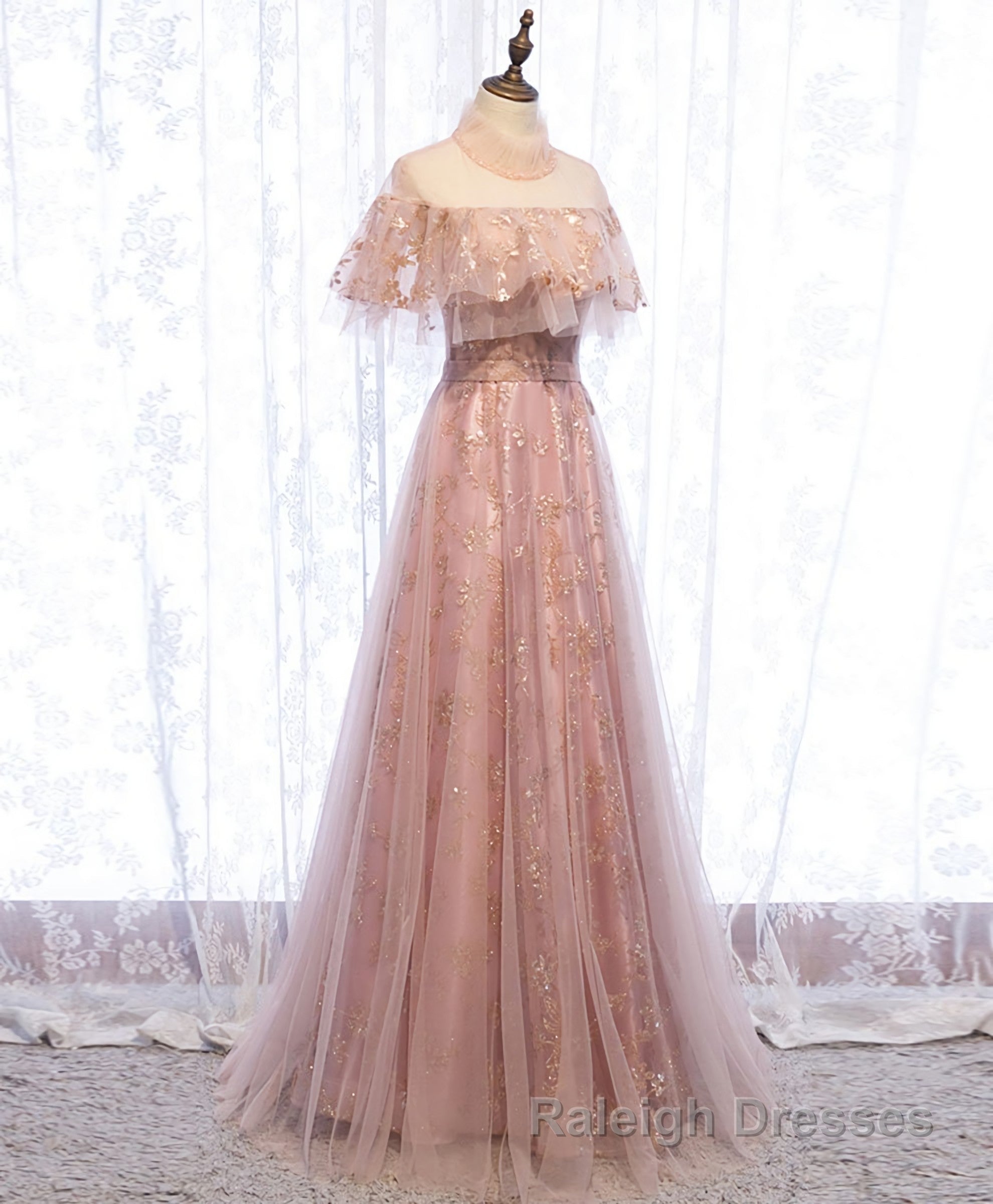 Pink Tulle Lace Long Prom Dress, Pink Tulle Formal Dress, 2 Secondary image