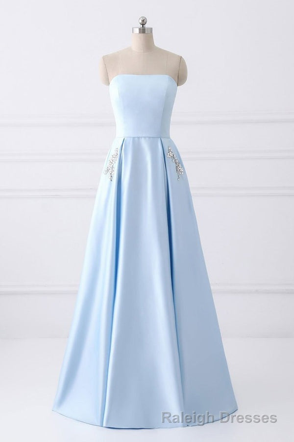 Light Blue A Line Floor Length Strapless Sleeveless Lace Up Prom Dresses Main image