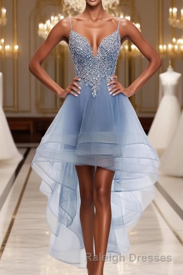 Blue Sweetheart Tulle Lace High Low Prom Dress, Blue Homecoming Dress Main image