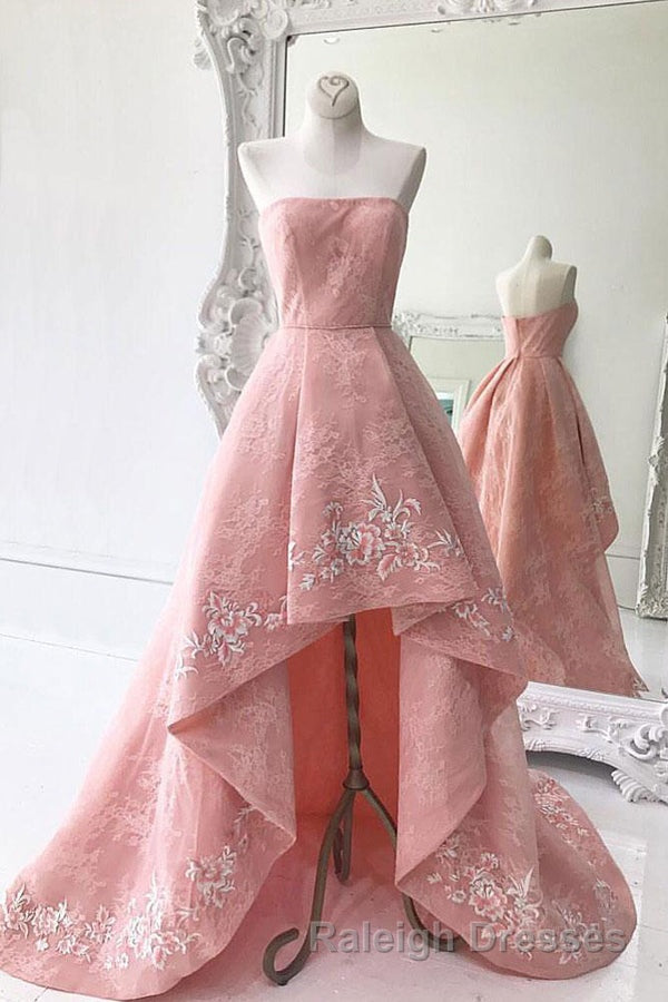 Charming Modest Pink A Line High Low Strapless Zipper Back Prom Dress