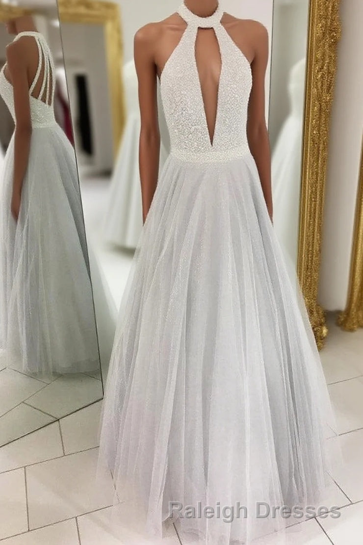 Gray A Line Floor Length Halter Sleeveless Beading Prom Dresses