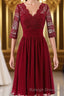 Burgundy A Line Knee Length V Neck 1/2 Sleeve Hollow Bridesmaid Dresses
