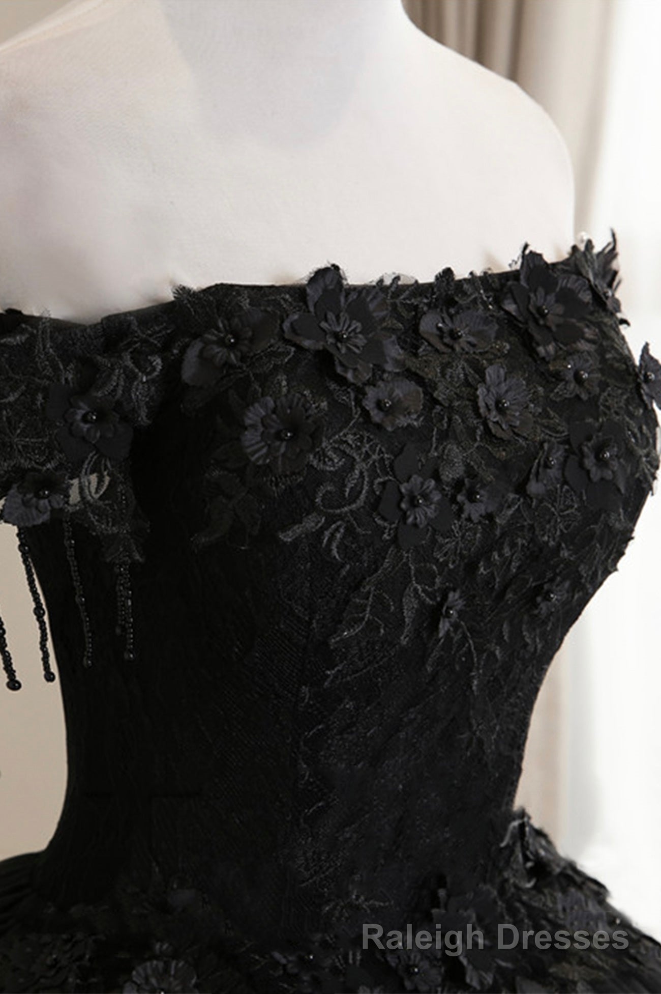 Black Tulle Lace Off the Shoulder Prom Dress, Black A Line Prom Dress