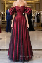 Off Shoulder Wine Red Sweetheart Tulle Prom Dress, A-line Wine Red Evening Dress