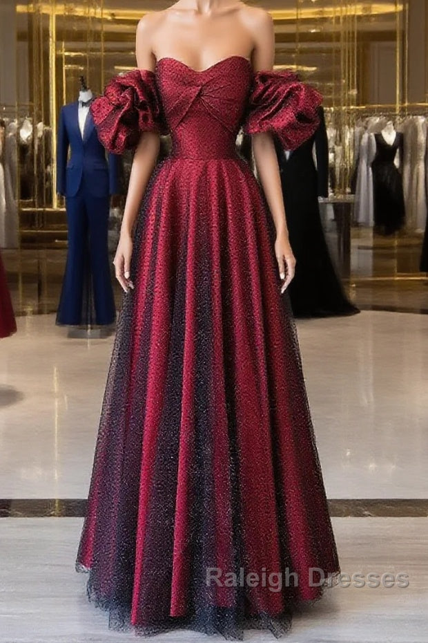 Off Shoulder Wine Red Sweetheart Tulle Prom Dress, A-line Wine Red Evening Dress