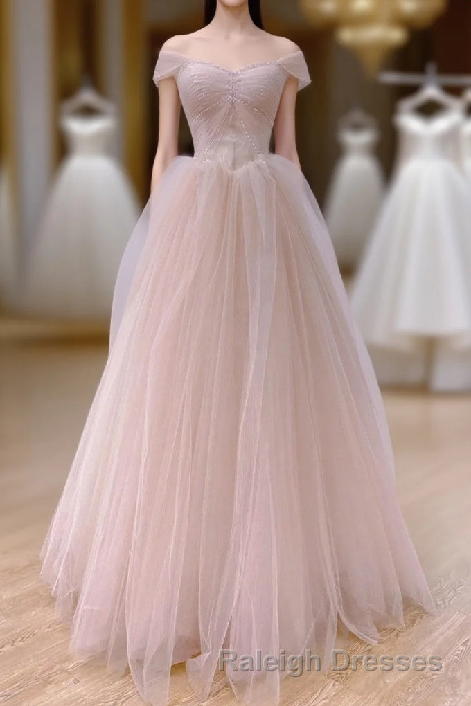 Pink Sweetheart Tulle Beaded Long Party Dress, Pink Tulle Prom Dress Evening Dress Main image