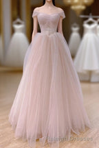 Pink Sweetheart Tulle Beaded Long Party Dress, Pink Tulle Prom Dress Evening Dress