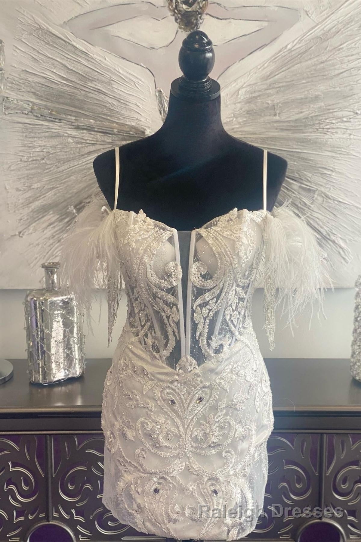 White Plunging V Neck Off-the-Shoulder Appliques Homecoming Dress with Feathers Main image