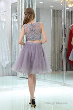 2 Piece Gray Tulle Short Suit Skirt With Lace Homecoming Dresses