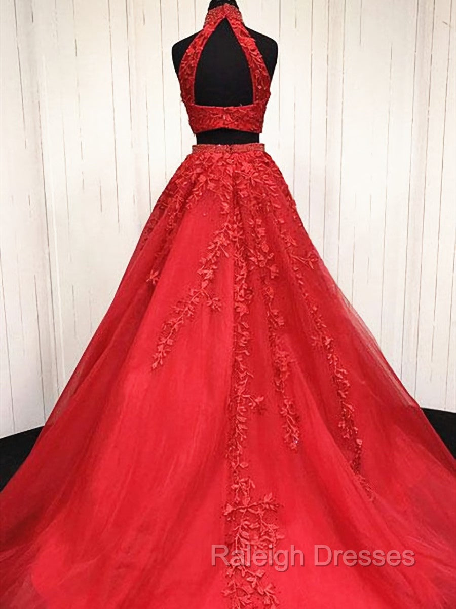 2 Pieces Pink Red Lace Prom Dresses, Two Pieces Pink Red Tulle Lace Formal Prom Dresses Secondary image