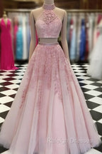 2 Pieces Pink Red Lace Prom Dresses, Two Pieces Pink Red Tulle Lace Formal Prom Dresses