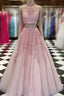 2 Pieces Pink Red Lace Prom Dresses, Two Pieces Pink Red Tulle Lace Formal Prom Dresses