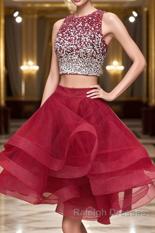 2 Pieces Short Burgundy Prom Dress Two Pieces Short Wine Red Beaded Graduation Homecoming Dress Main image