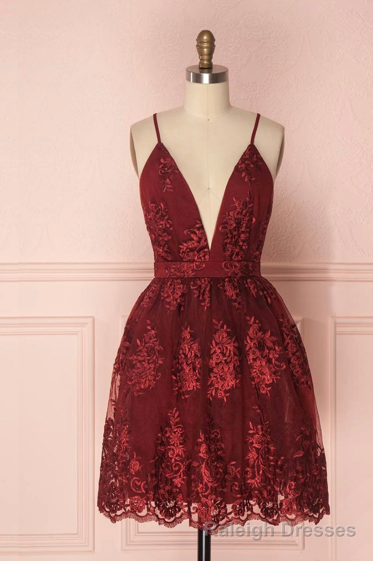 Burgundy V Neck Lace Short Backless Prom Dress, Cute Lace Prom Dress Main image