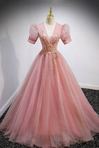 Pink V Neck Tulle Long Prom Dresses, A Line Short Sleeve Prom Dresses