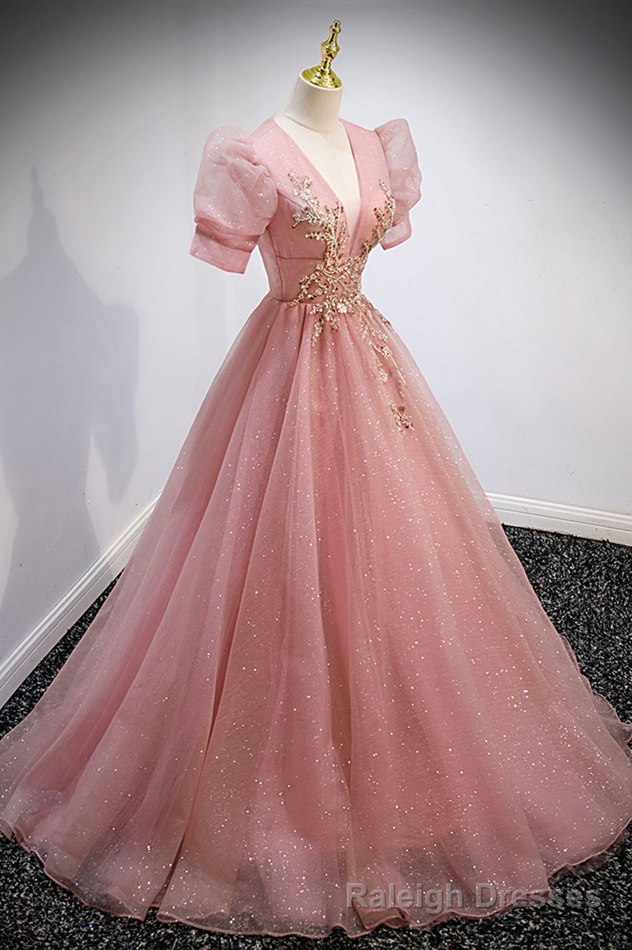 Pink V Neck Tulle Long Prom Dresses, A Line Short Sleeve Prom Dresses