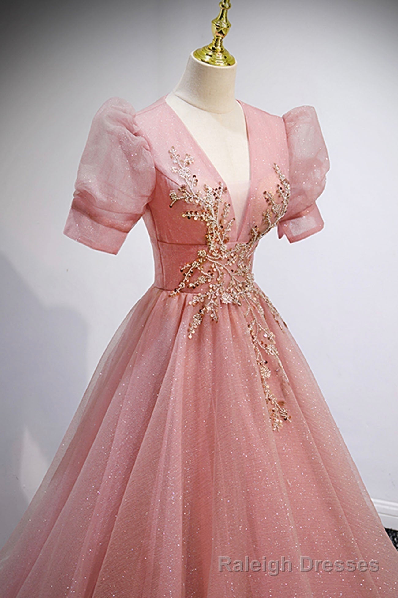 Pink V Neck Tulle Long Prom Dresses, A Line Short Sleeve Prom Dresses