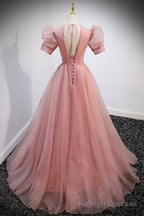 Pink V Neck Tulle Long Prom Dresses, A Line Short Sleeve Prom Dresses