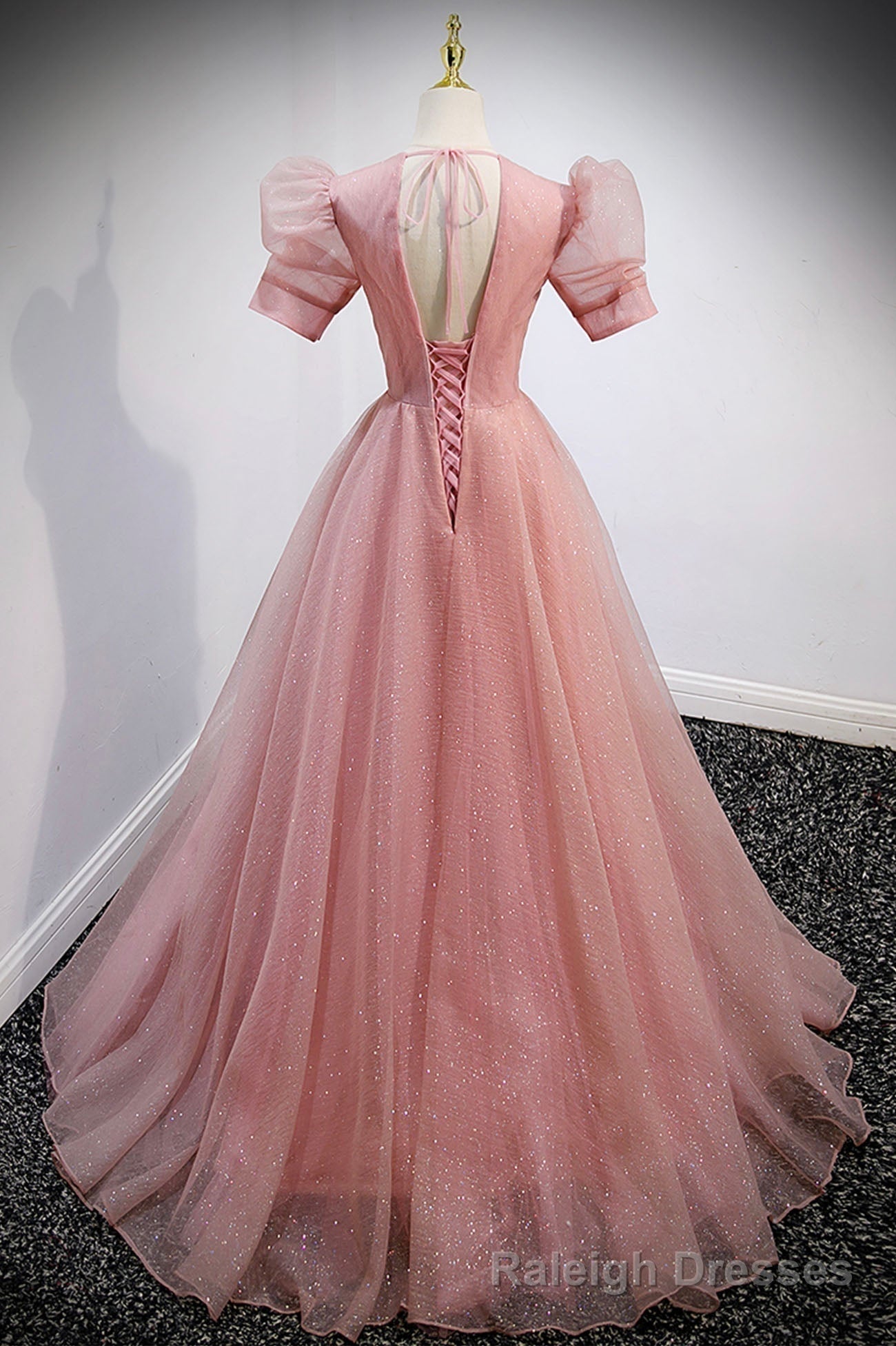 Pink V Neck Tulle Long Prom Dresses, A Line Short Sleeve Prom Dresses