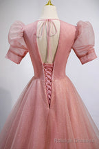 Pink V Neck Tulle Long Prom Dresses, A Line Short Sleeve Prom Dresses