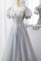 Gray Tulle Lace Long Party Dress, A-Line Evening Dress