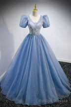 Blue V Neck Tulle Beading Long Prom Dresses, Blue Short Sleeve Prom Dresses