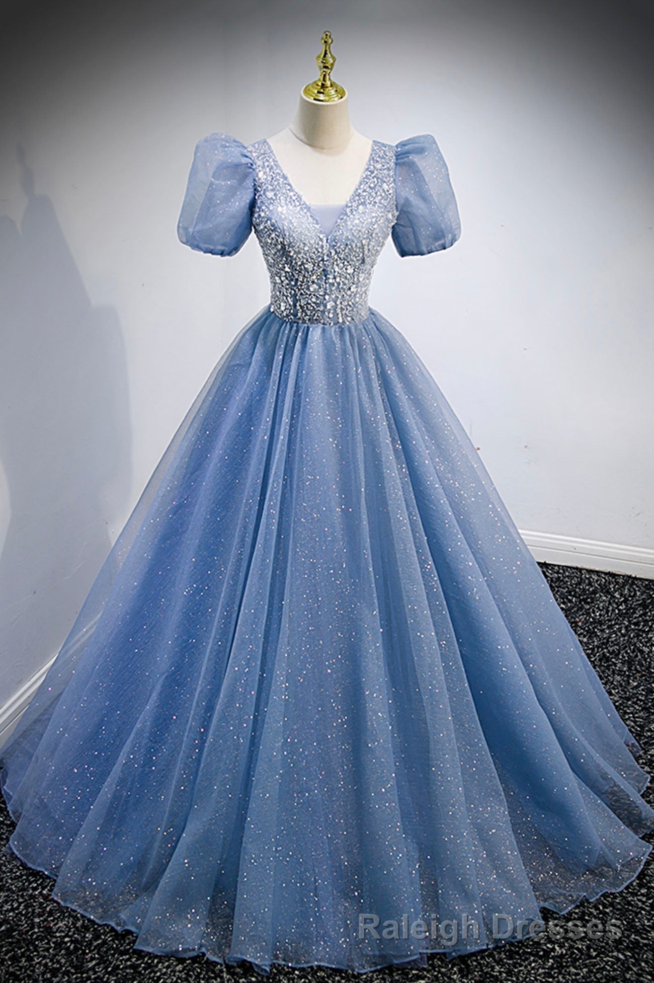 Blue V Neck Tulle Beading Long Prom Dresses, Blue Short Sleeve Prom Dresses