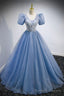 Blue V Neck Tulle Beading Long Prom Dresses, Blue Short Sleeve Prom Dresses