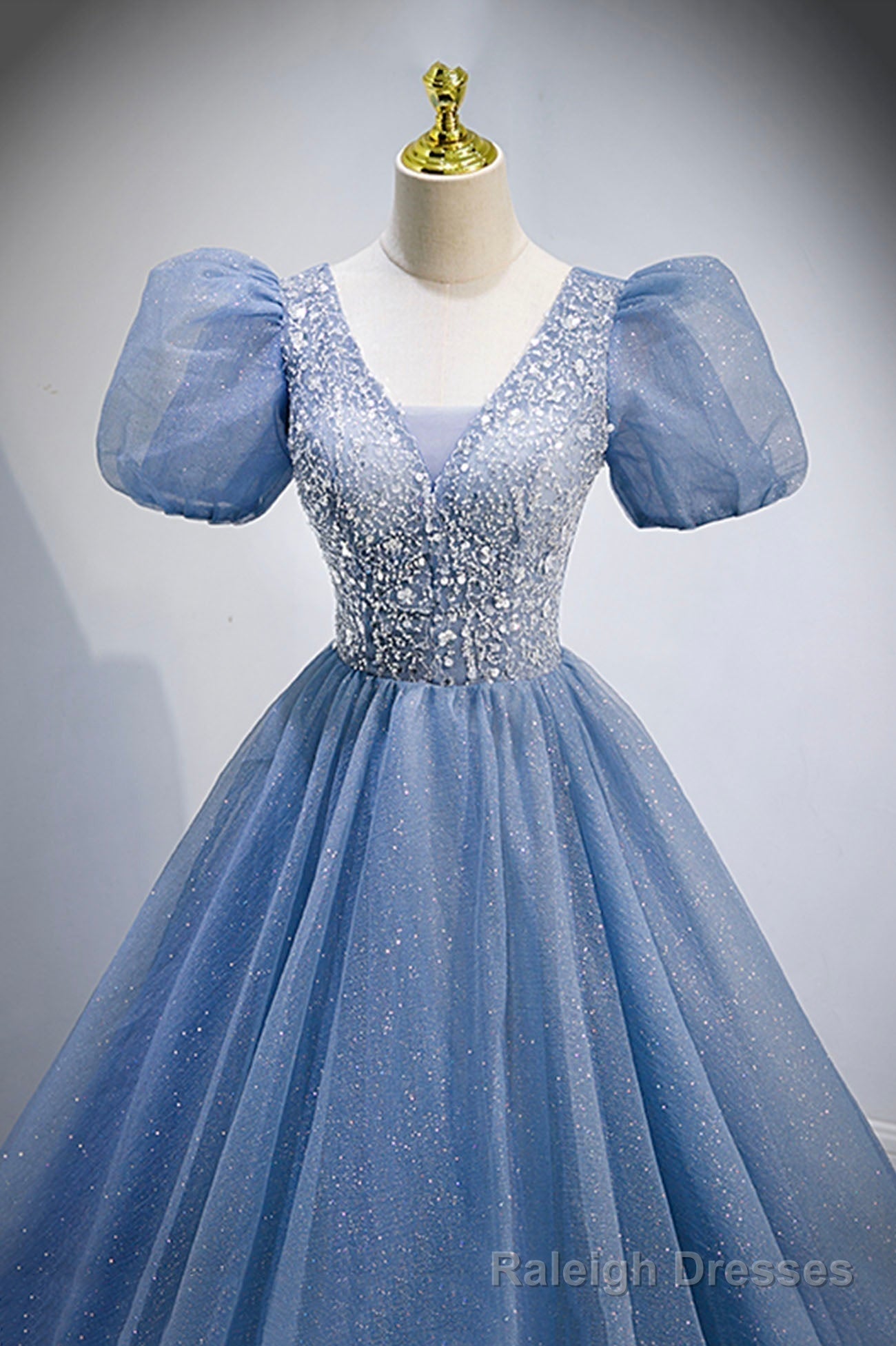 Blue V-Neck Tulle Beading Long Prom Dresses, Blue Short Sleeve Evening Dresses Secondary image