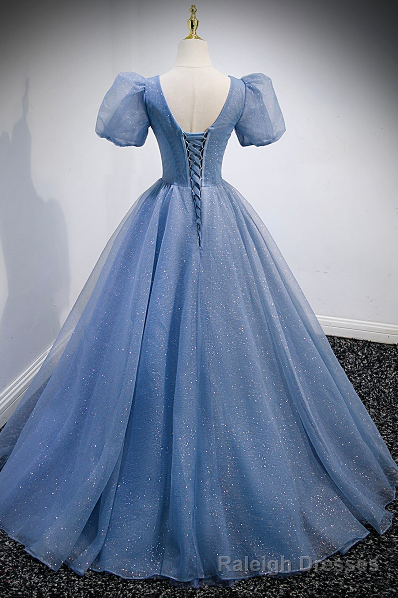 Blue V Neck Tulle Beading Long Prom Dresses, Blue Short Sleeve Prom Dresses
