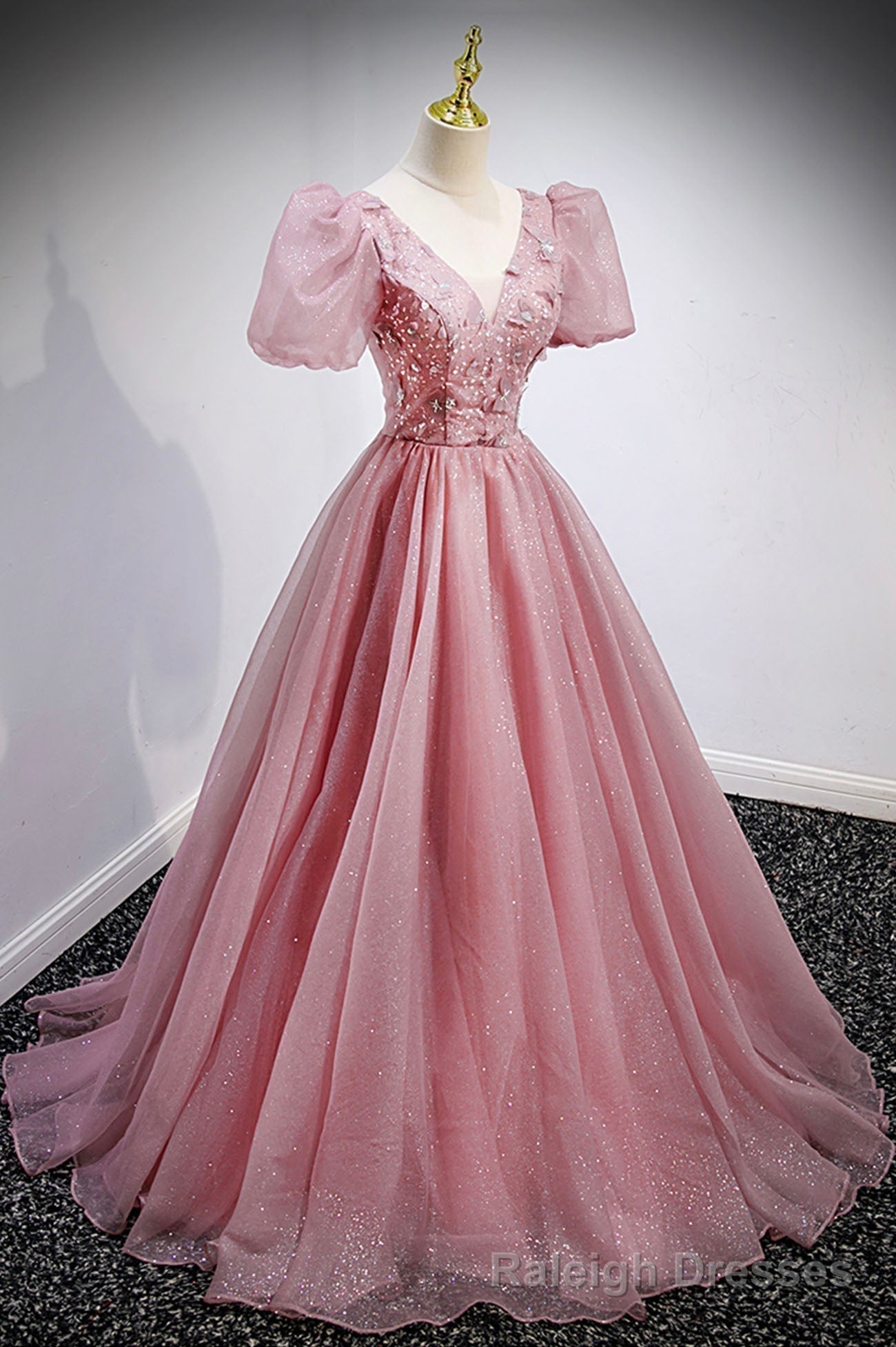 Pink V-Neck Tulle Long Prom Dresses, A-Line Evening Party Dresses Secondary image