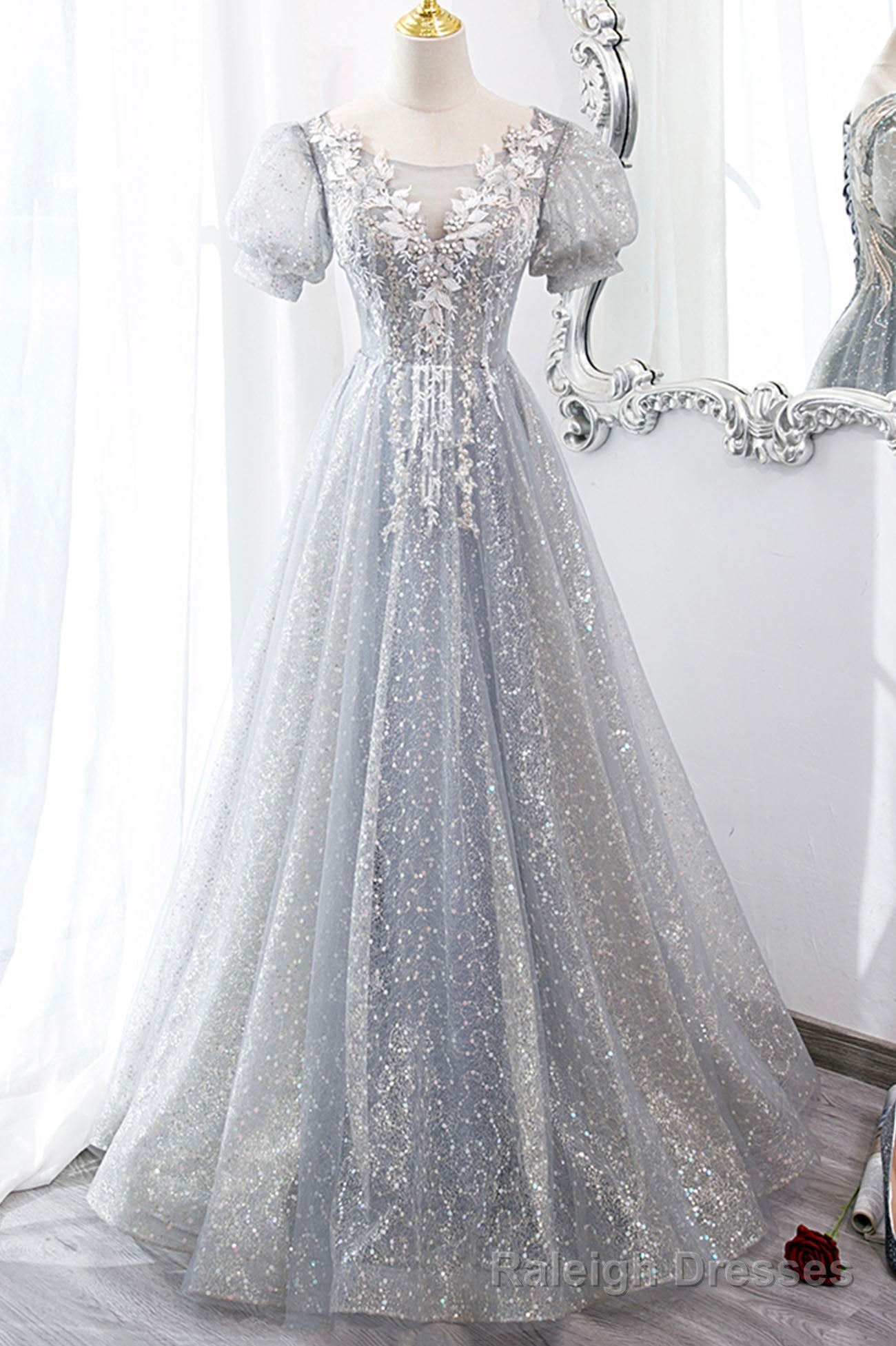Gray Tulle Lace Long Prom Dress, A Line Prom Dress Main image