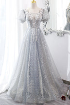 Gray Tulle Lace Long Prom Dress, A Line Prom Dress