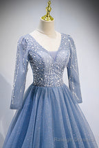 Blue V-Neck Tulle Beading Long Prom Dresses, Long Sleeve Evening Dresses