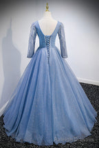 Blue V-Neck Tulle Beading Long Prom Dresses, Long Sleeve Evening Dresses