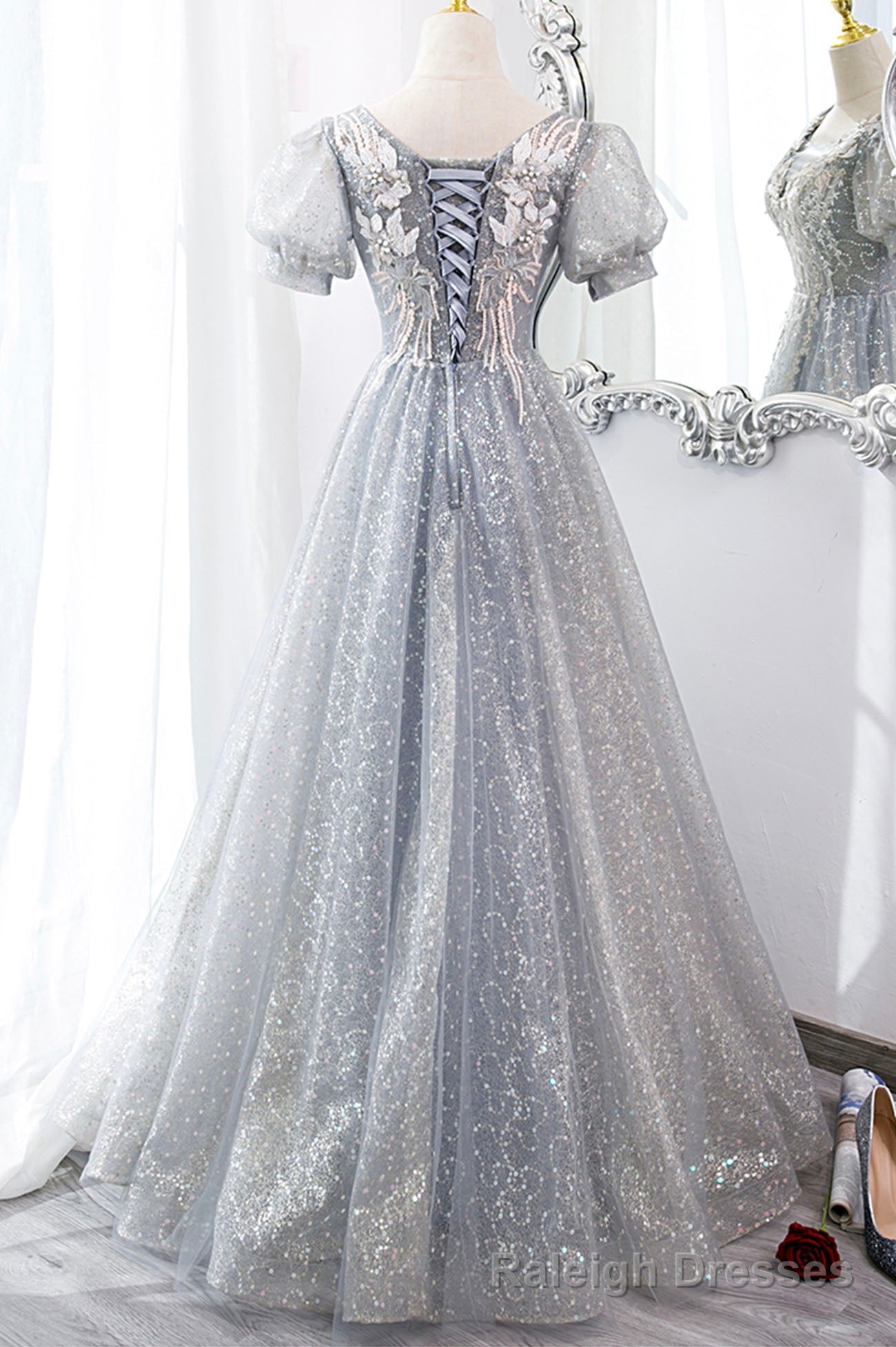 Gray Tulle Lace Long Prom Dress, A Line Prom Dress